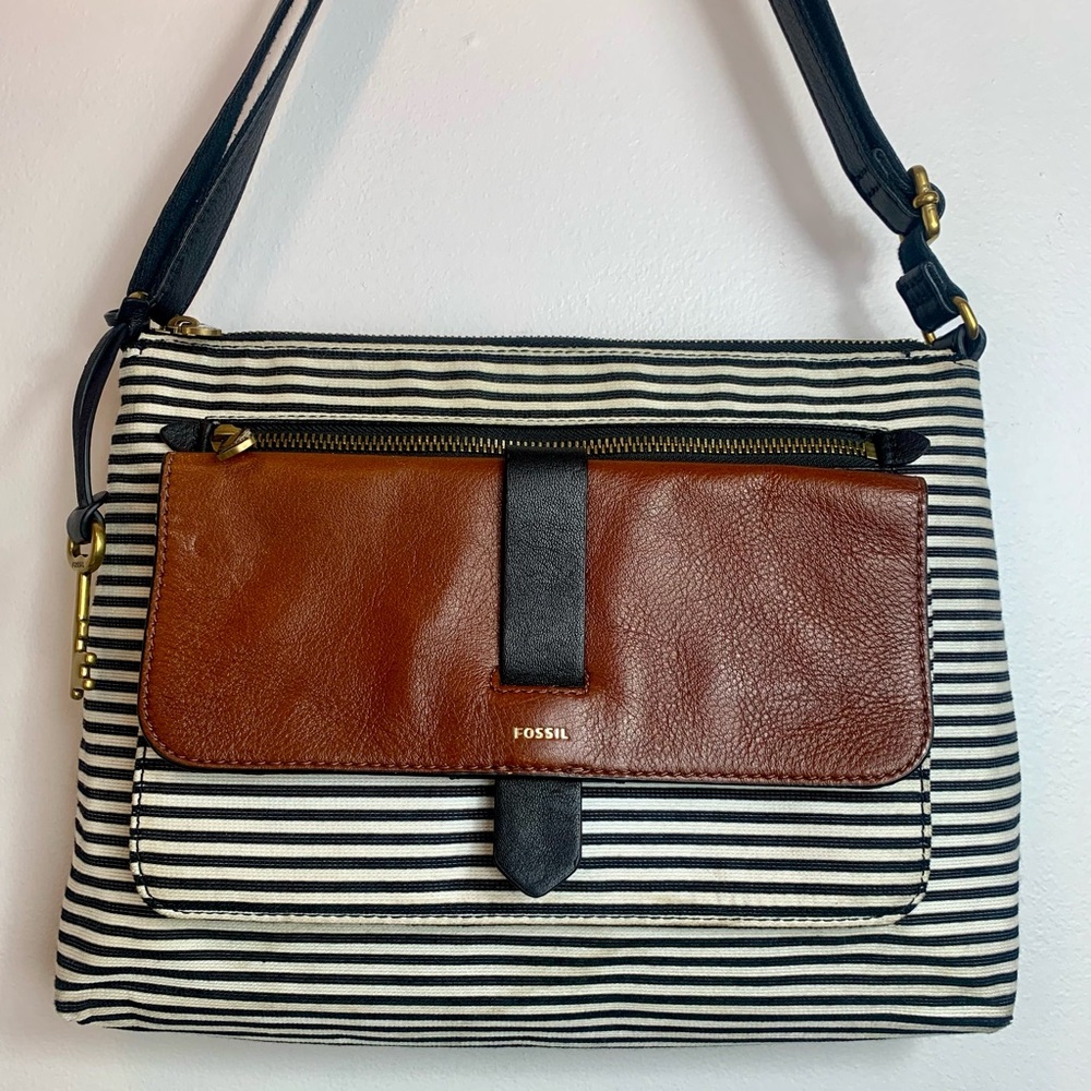 Fossil Kinley Striped Crossbody Canvas Bag Pebble Leather Key Charm Zipper Snap